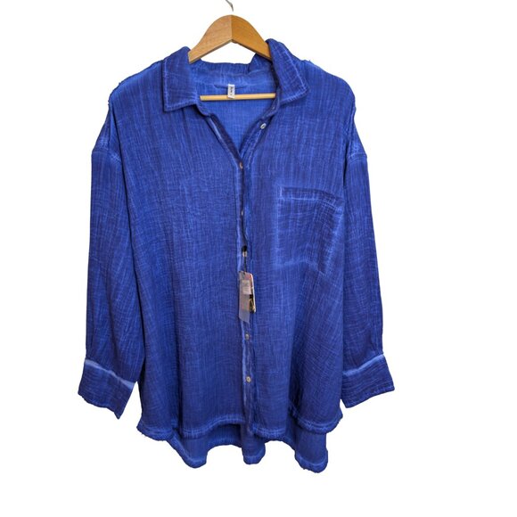 Indigo Hand-Dyed Look Button-Up Blouse | 100% Cotton, Raw Edges, Size 1X (NWT) - Picture 1 of 14